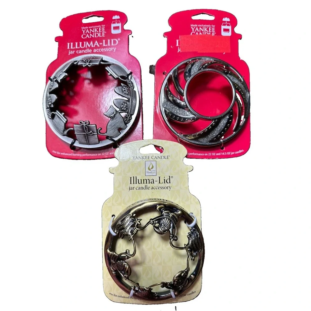 Yankee Candle 3 Lot Illuma Lid Topper Metal Christmas Gifts Santa Cats Decor